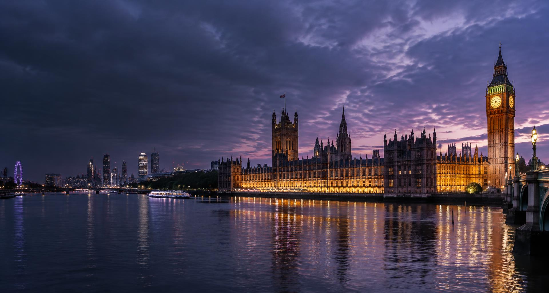 London’s Westminster skyline across the Thames at dusk